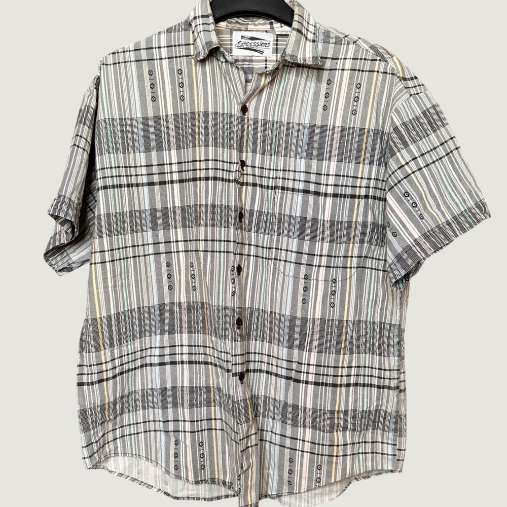 Expressions Men Large Short Sleeve Cotton Plaid Geometric Button Down Shirt Gray